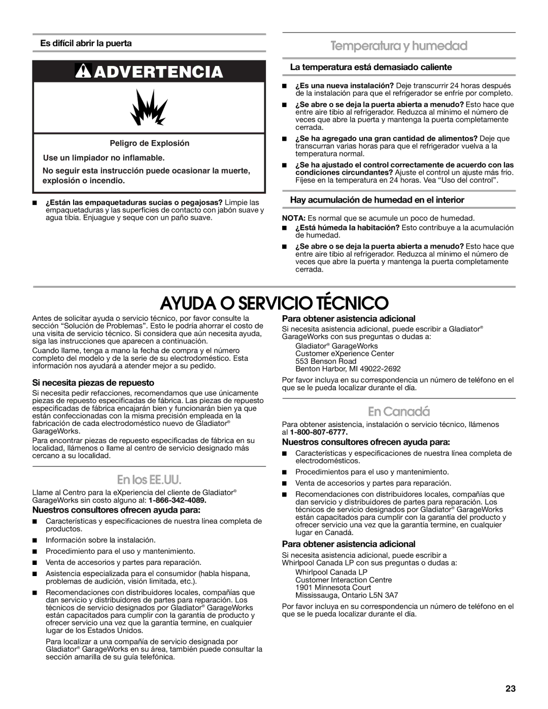 Whirlpool GARF19XXPK01 manual Ayuda O Servicio Técnico, Temperatura y humedad, En los EE.UU, En Canadá 