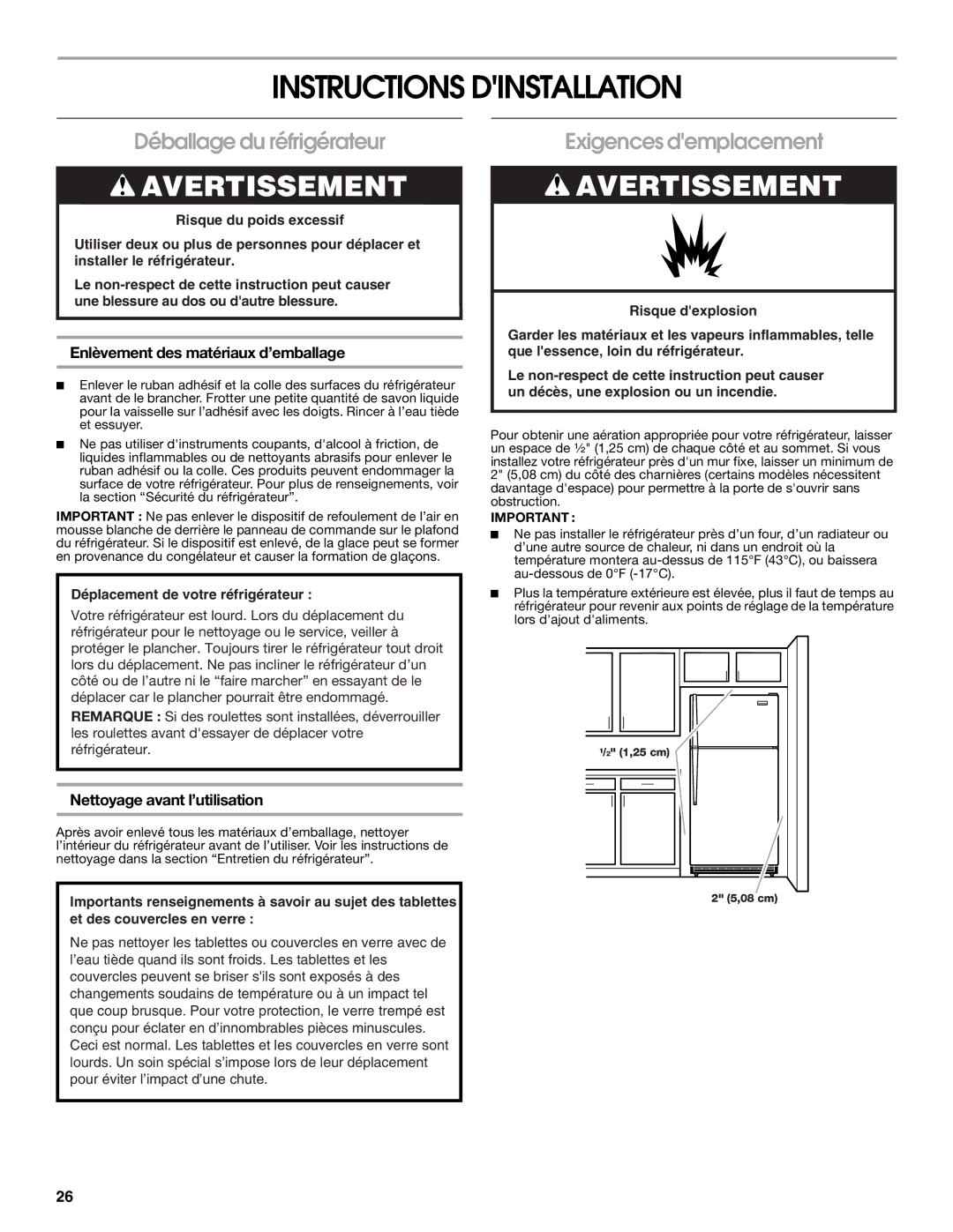 Whirlpool GARF19XXPK01 manual Instructions Dinstallation, Déballage du réfrigérateur, Exigences demplacement 