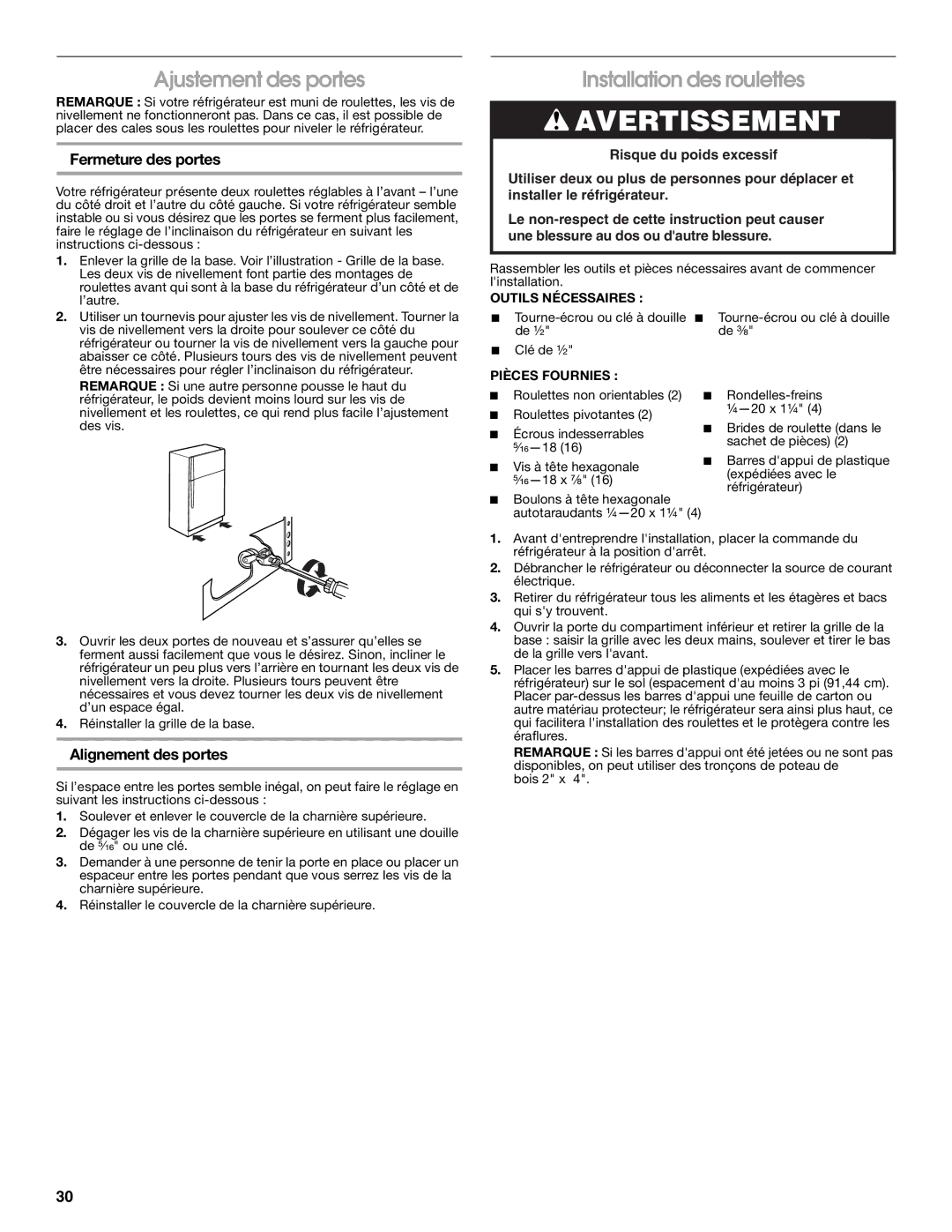 Whirlpool GARF19XXPK01 Ajustement des portes, Installation des roulettes, Fermeture des portes, Alignement des portes 