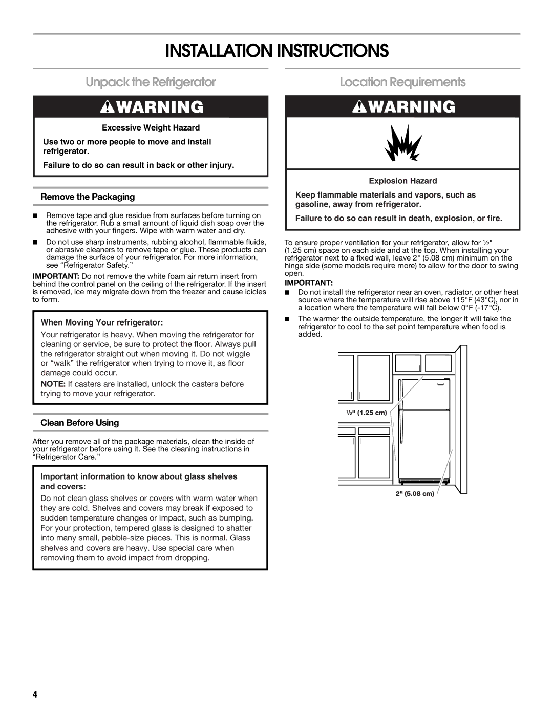 Whirlpool GARF19XXPK01 Installation Instructions, Unpack the Refrigerator, Location Requirements, Remove the Packaging 