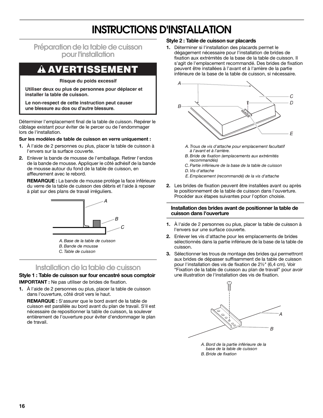 Whirlpool Gas Built-In Cooktop Instructions Dinstallation, Préparation de la table de cuisson Pour linstallation 