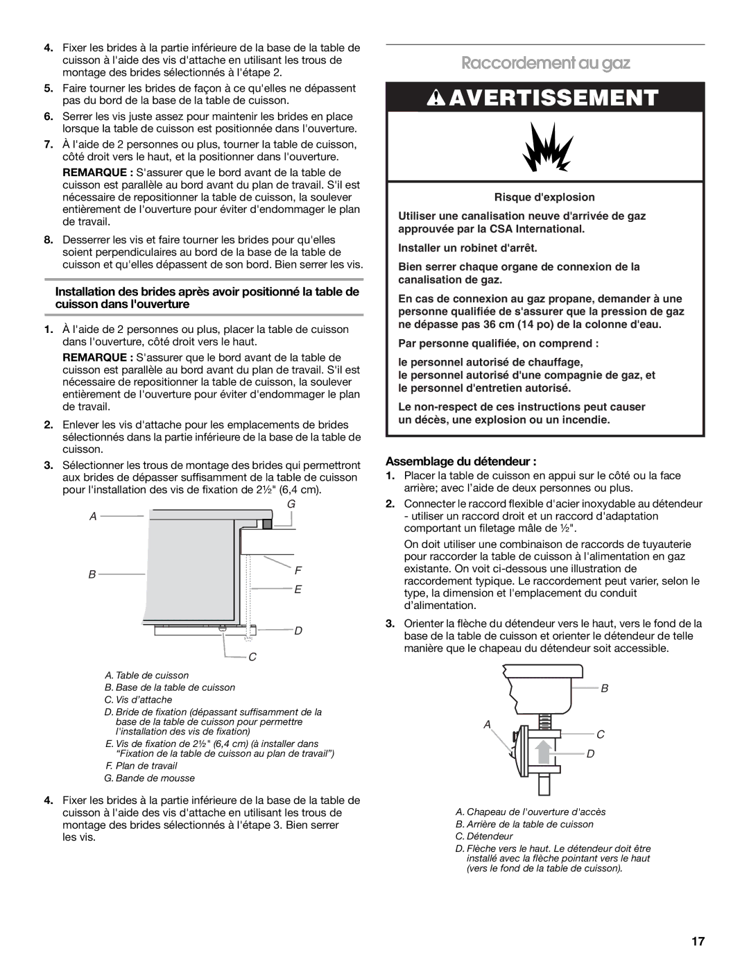 Whirlpool Gas Built-In Cooktop installation instructions Raccordement au gaz, Assemblage du détendeur 