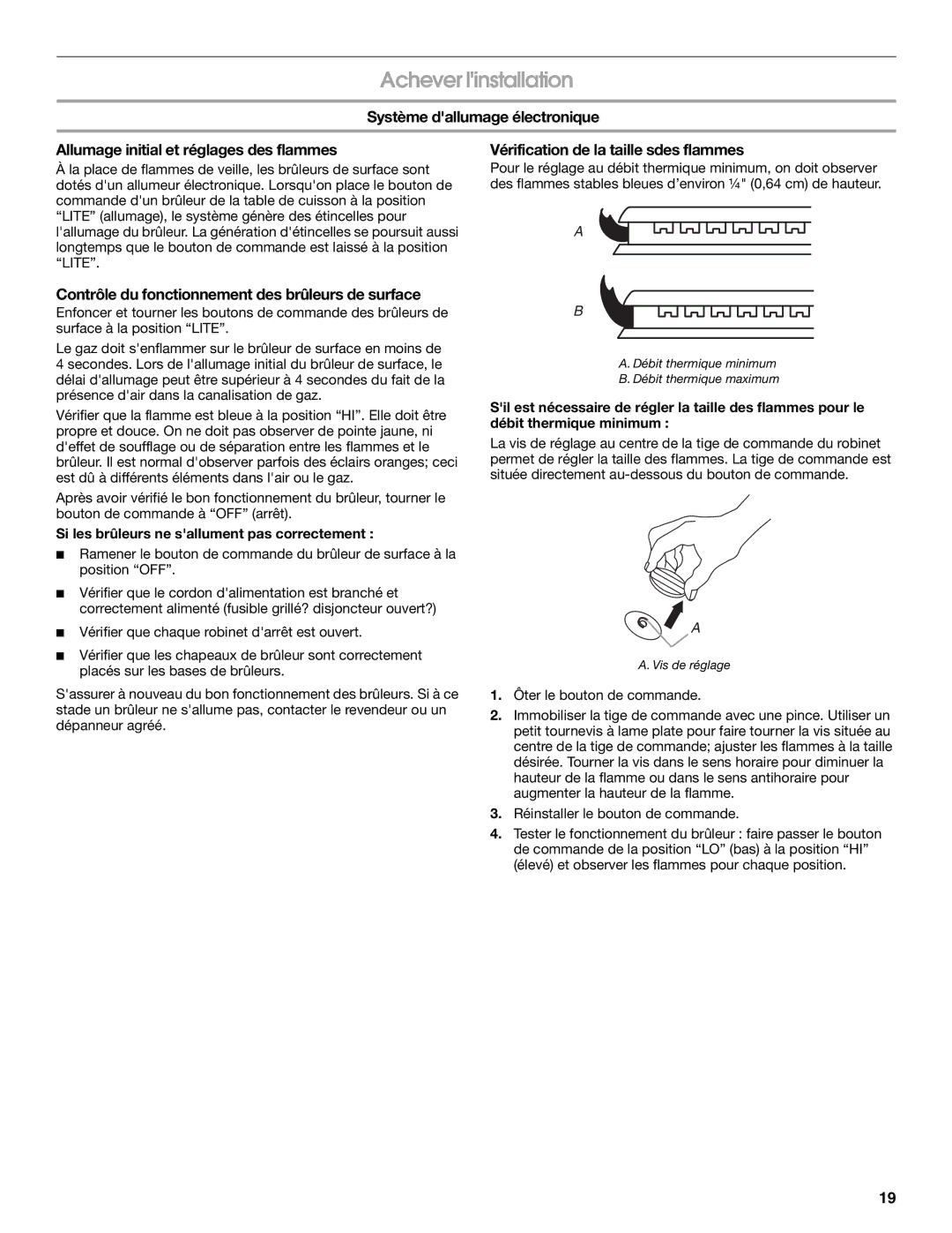 Whirlpool Gas Built-In Cooktop installation instructions Achever linstallation, Vérification de la taille sdes flammes 