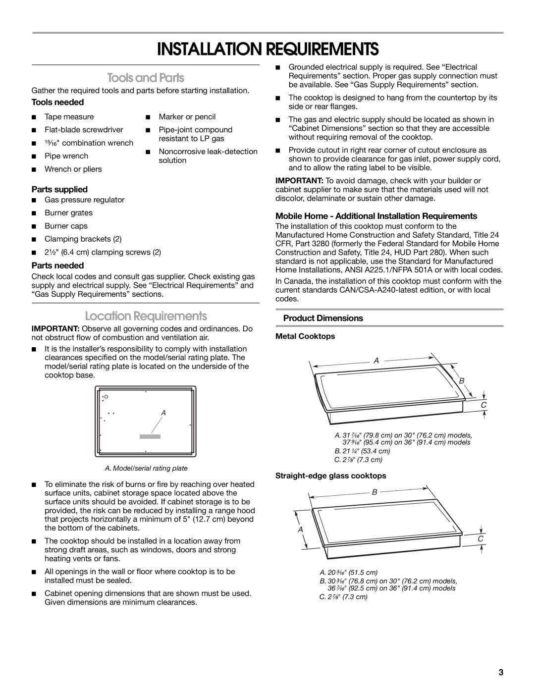 Whirlpool Gas Built-In Cooktop installation instructions Installation Requirements, Tools and Parts, Location Requirements 