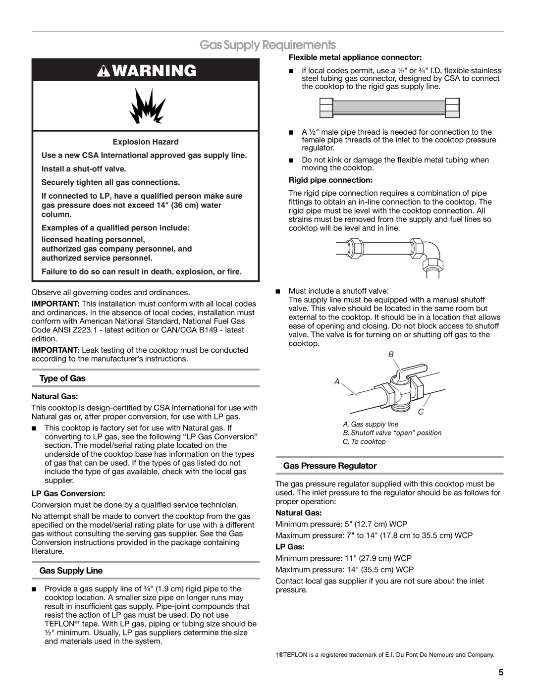 Whirlpool Gas Built-In Cooktop Gas Supply Requirements, Type of Gas, Gas Supply Line, Gas Pressure Regulator 