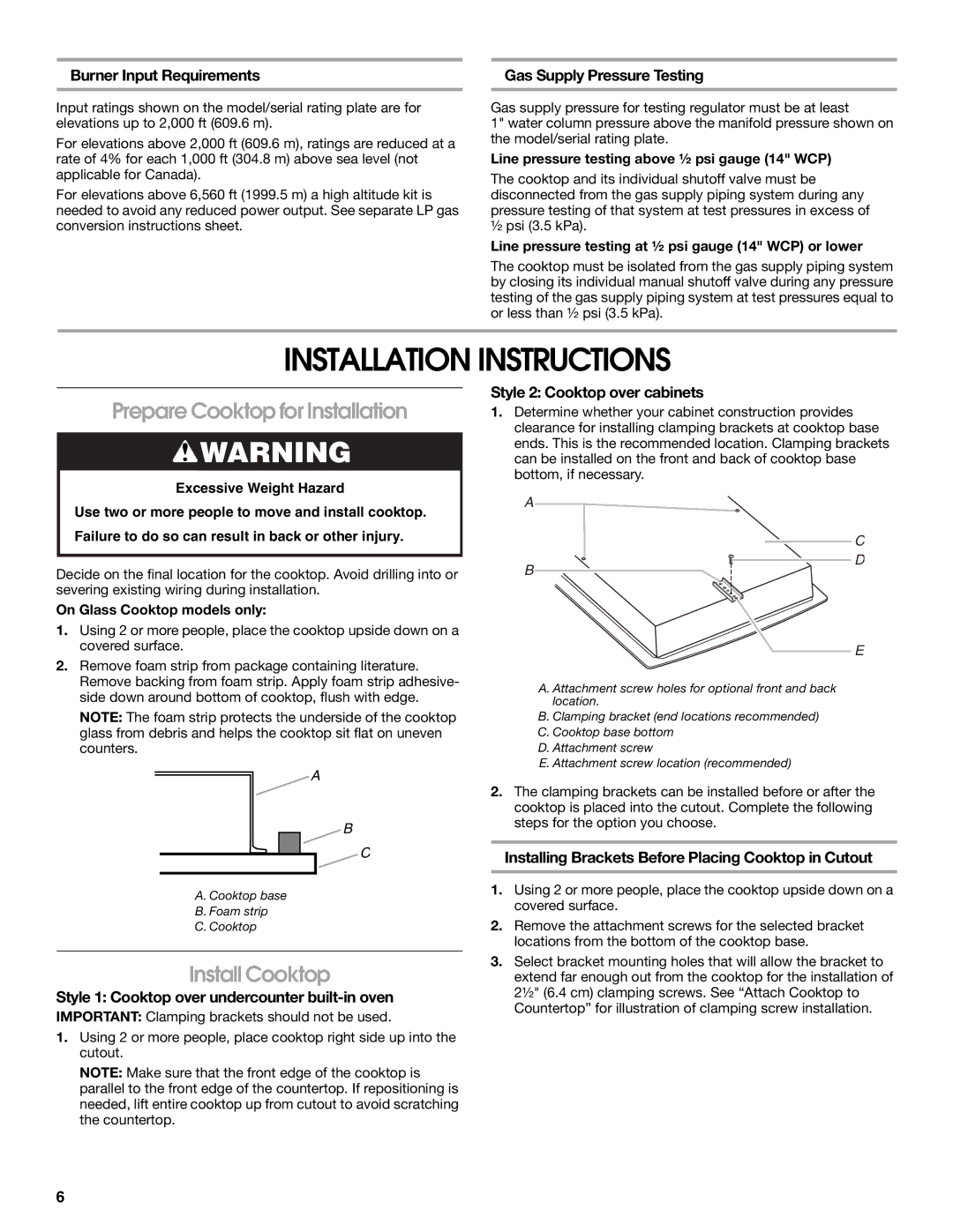 Whirlpool Gas Built-In Cooktop Installation Instructions, Prepare Cooktop for Installation, Install Cooktop 