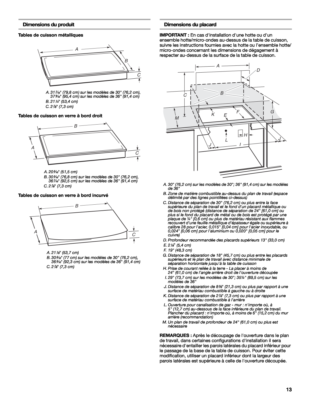 Whirlpool Gas Built-In Cooktop Dimensions du produit, Dimensions du placard, Tables de cuisson métalliques, A B C, A D Cb 