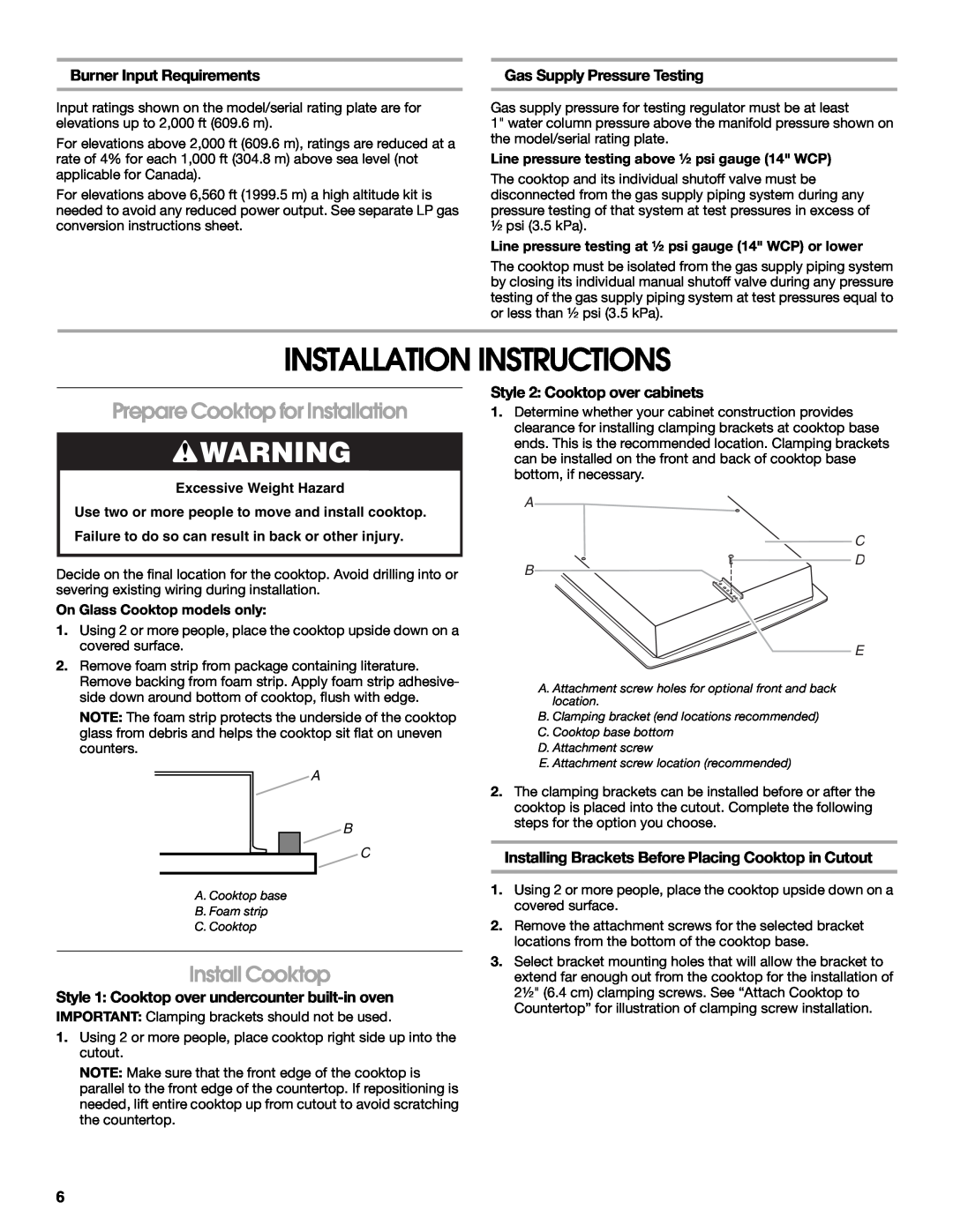 Whirlpool Gas Built-In Cooktop Installation Instructions, Prepare Cooktop for Installation, Install Cooktop, A B C 