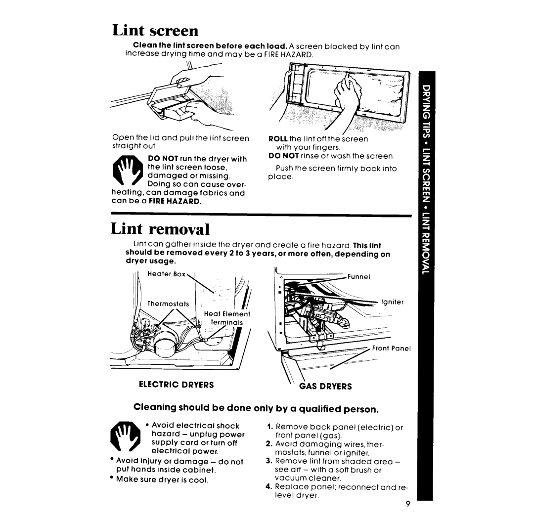 Whirlpool Gas LG5791XM manual Lint screen, Lint removal 