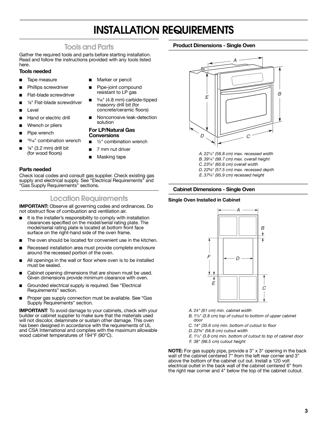 Whirlpool Gas Single And Double Built-In Oven Installation Requirements, Tools and Parts, Location Requirements 