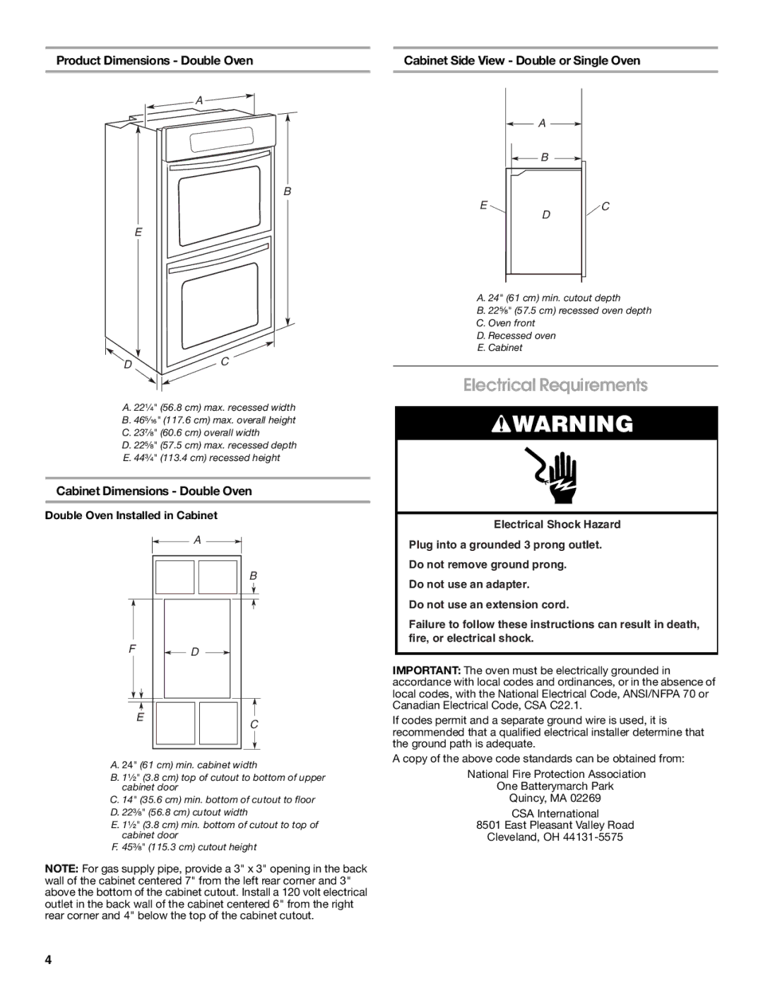 Whirlpool Gas Single And Double Built-In Oven Electrical Requirements, Product Dimensions Double Oven 