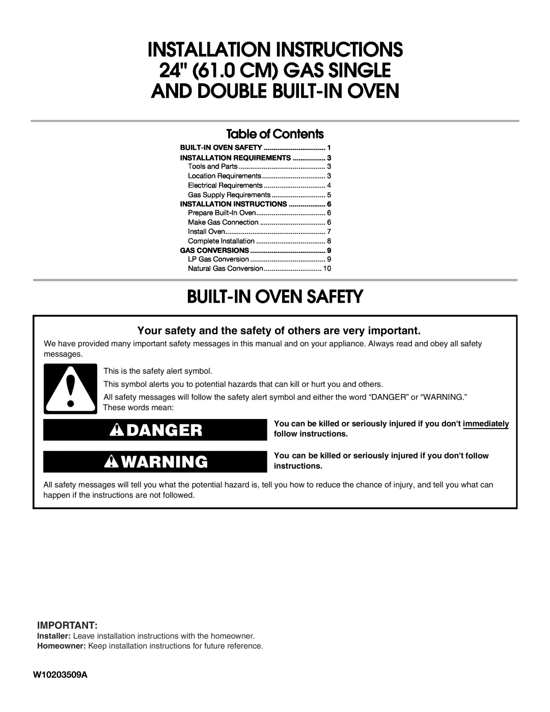Whirlpool Gas Single And Double Built-In Oven installation instructions Built-Inoven Safety, Danger, Table of Contents 