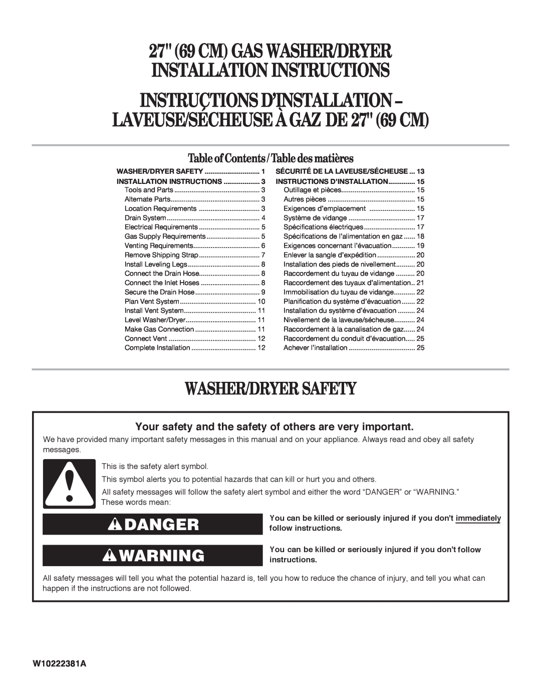 Whirlpool Gas Washer/Dryer installation instructions Washer/Dryer Safety, Danger Warning, TableofContents/Tabledesmatières 