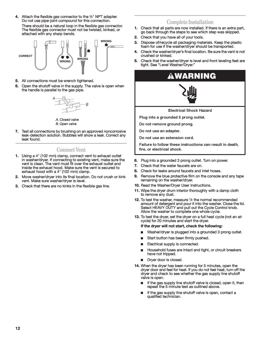Whirlpool Gas Washer/Dryer installation instructions ConnectVent, CompleteInstallation, Electrical Shock Hazard 