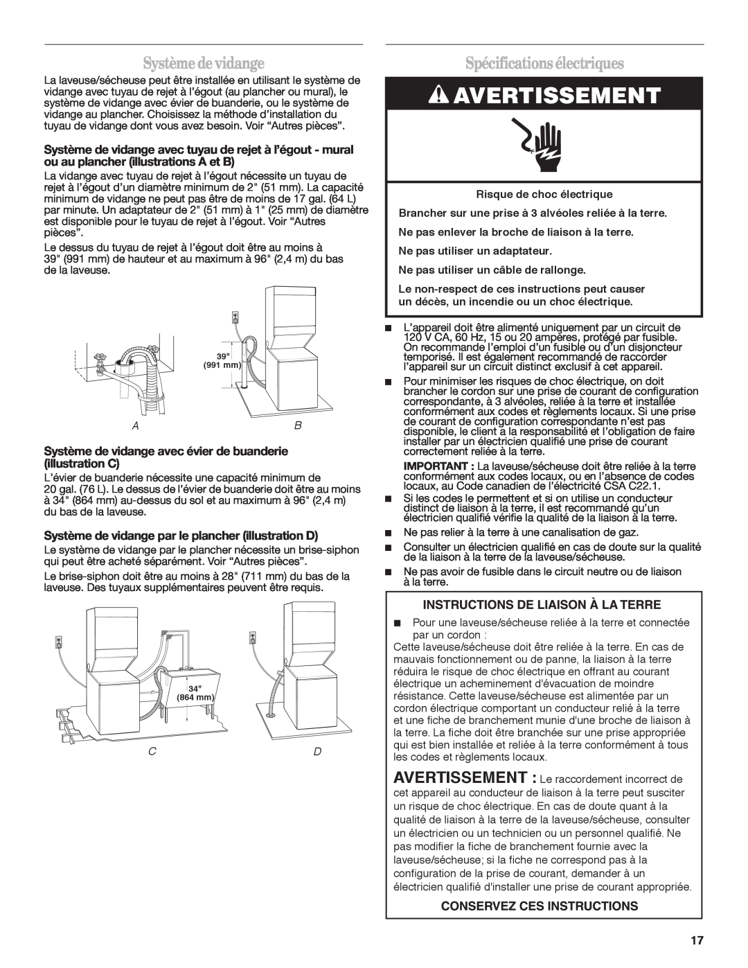 Whirlpool Gas Washer/Dryer installation instructions Systèmedevidange, Spécificationsélectriques, Avertissement 