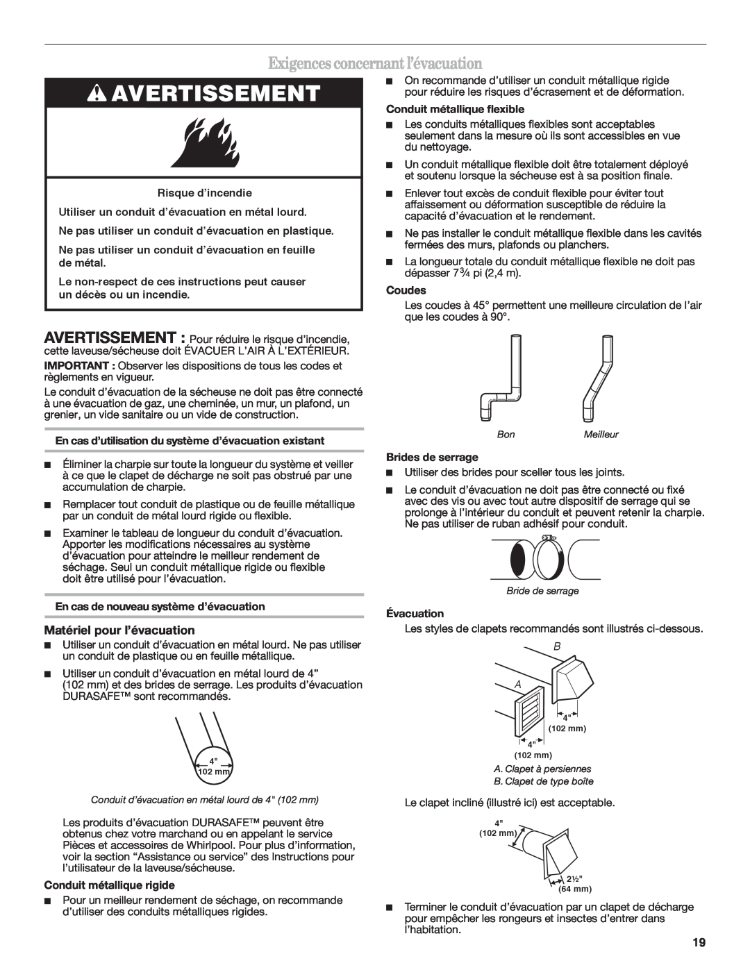 Whirlpool Gas Washer/Dryer Exigencesconcernantl’évacuation, Avertissement, Matériel pour l’évacuation, Coudes, Évacuation 