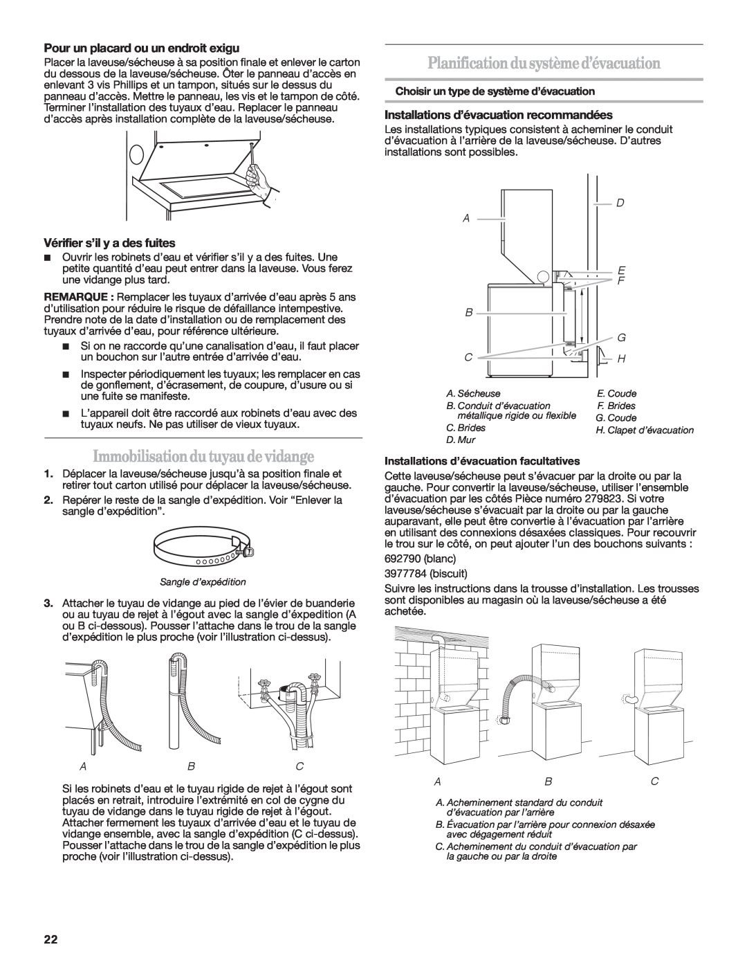 Whirlpool Gas Washer/Dryer installation instructions Immobilisationdutuyaudevidange, Planificationdusystèmed’évacuation 