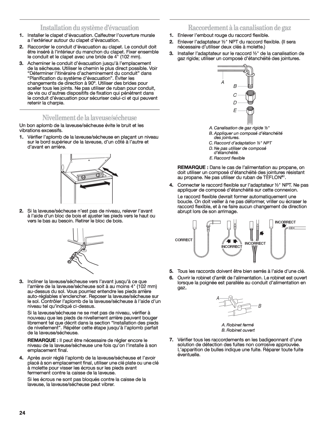 Whirlpool Gas Washer/Dryer installation instructions Installationdusystèmed’évacuation, Nivellementdelalaveuse/sécheuse 