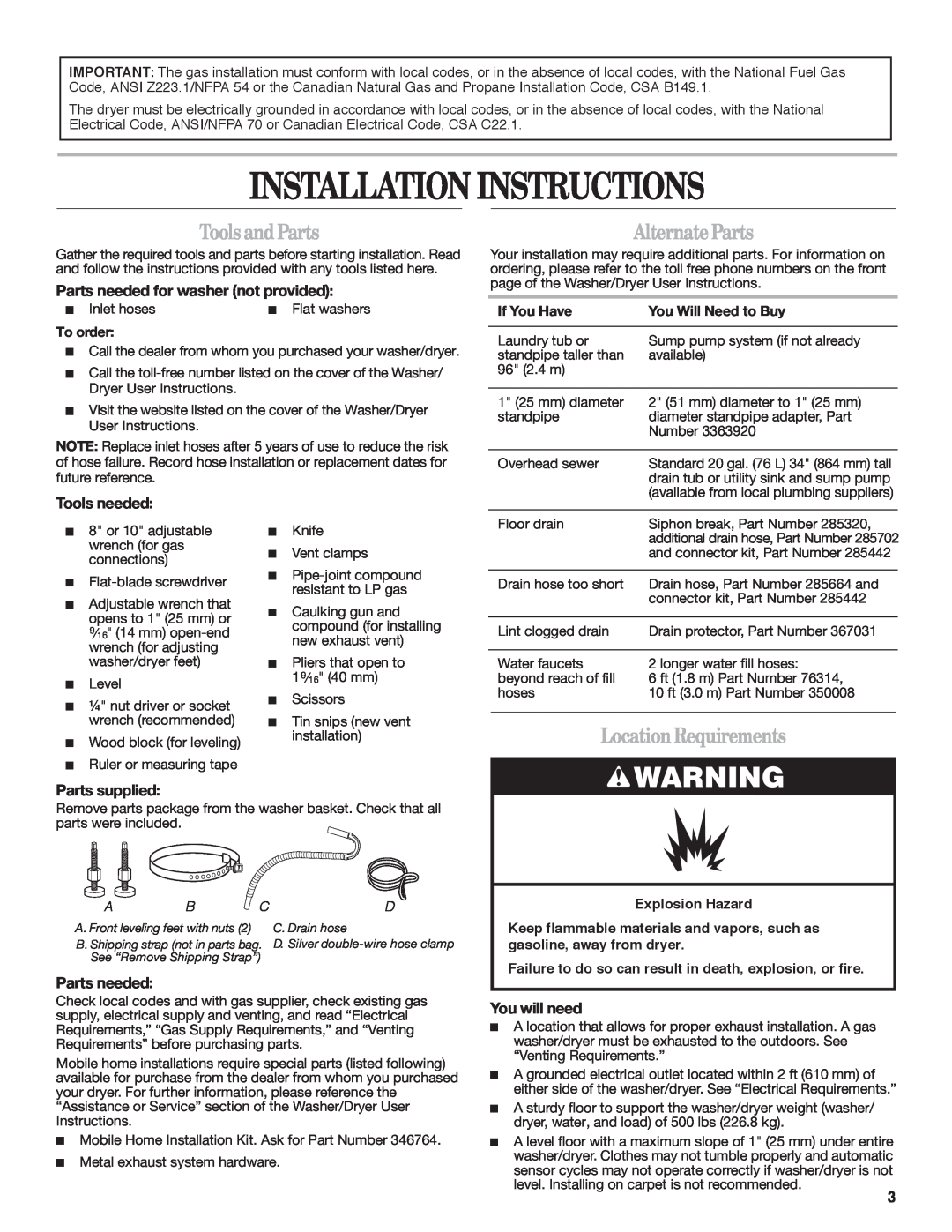 Whirlpool Gas Washer/Dryer ToolsandParts, AlternateParts, LocationRequirements, Installationinstructions, Tools needed 
