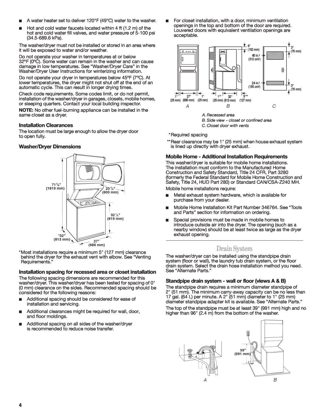 Whirlpool Gas Washer/Dryer installation instructions DrainSystem, Installation Clearances, Washer/Dryer Dimensions 