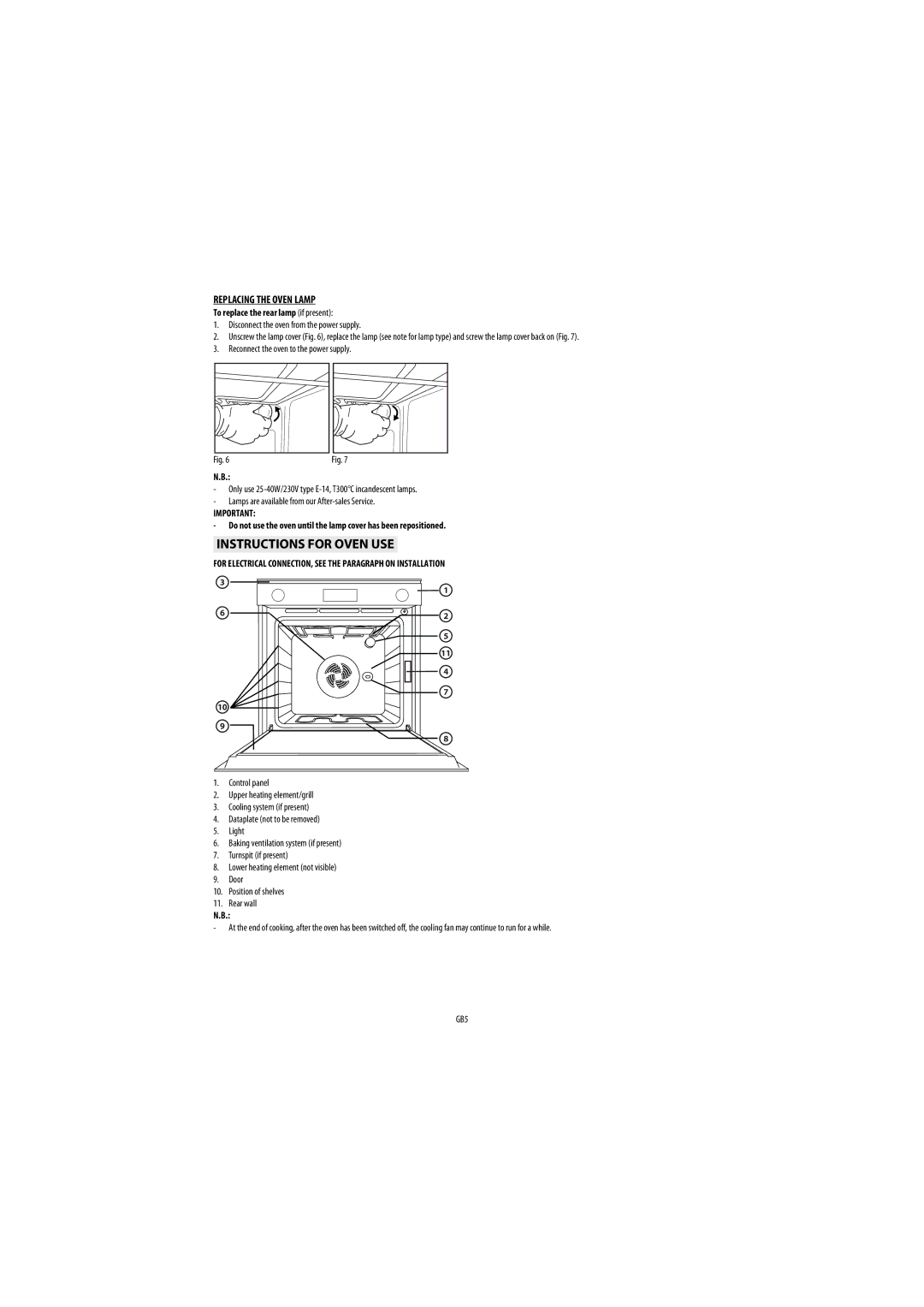 Whirlpool GB1 warranty Instructions for Oven USE, Replacing the Oven Lamp, To replace the rear lamp if present 