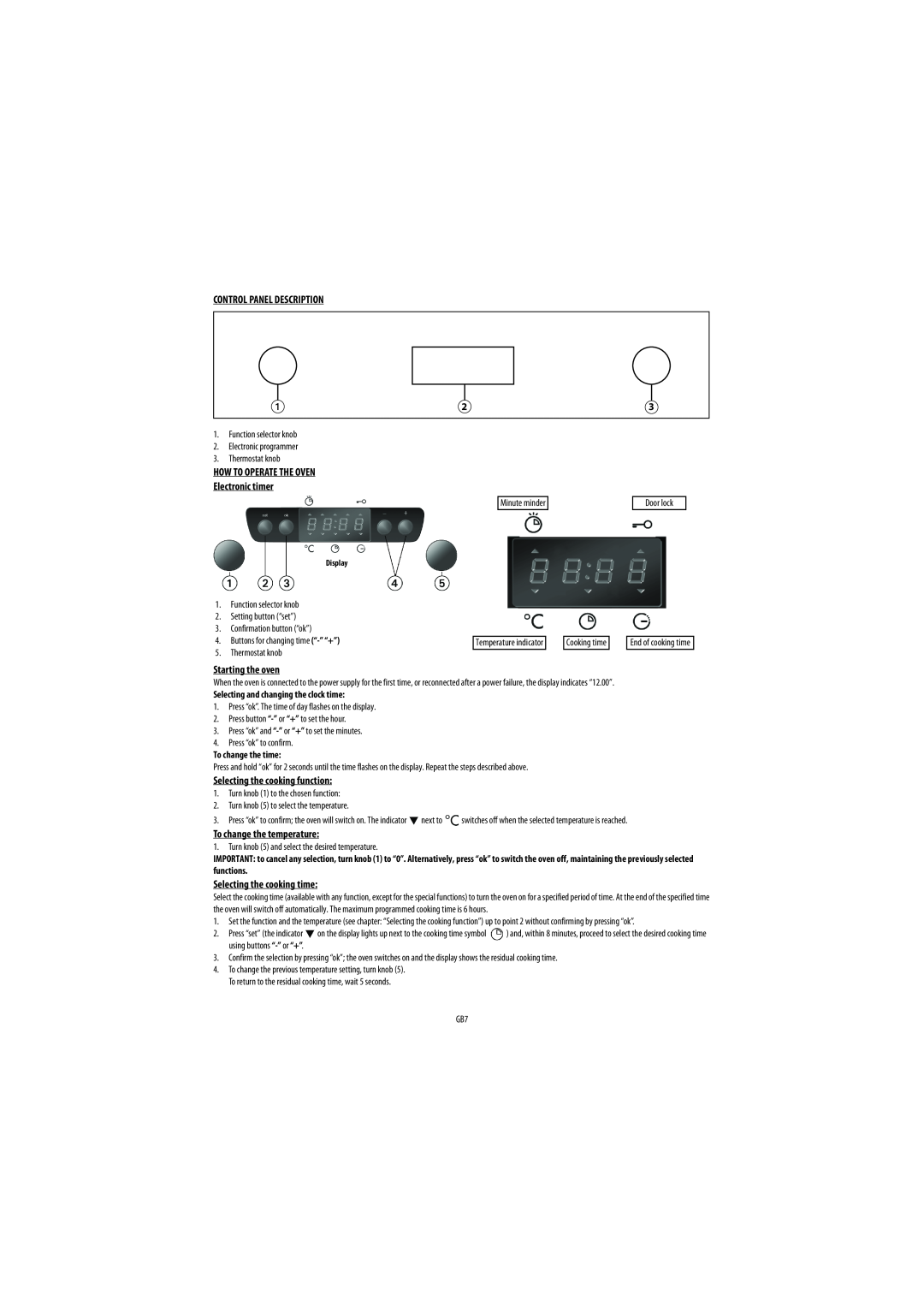 Whirlpool GB1 Control Panel Description, Starting the oven, Selecting the cooking function, To change the temperature 