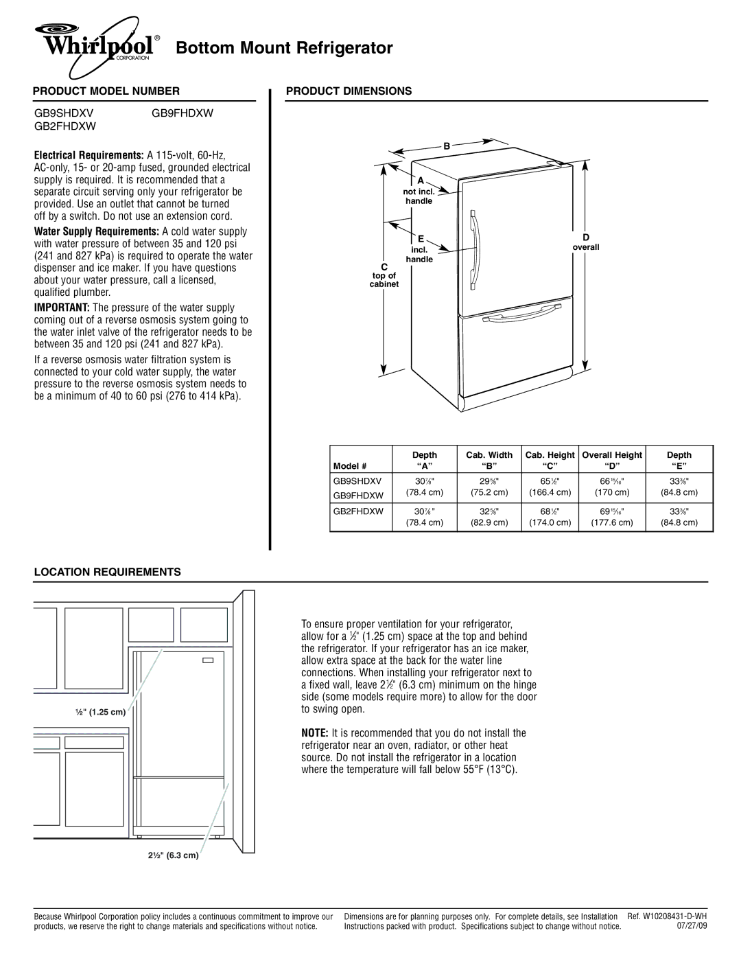 Whirlpool dimensions Bottom Mount Refrigerator, Product Model Number, GB9SHDXVGB9FHDXW GB2FHDXW, Product Dimensions 