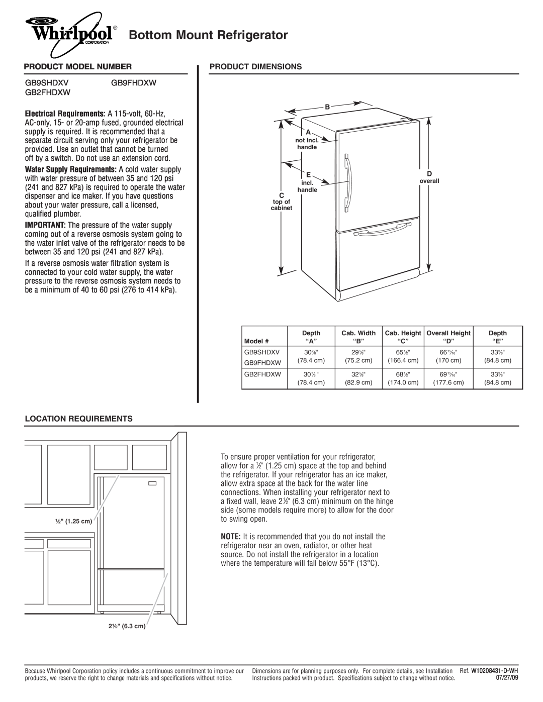 Whirlpool dimensions Bottom Mount Refrigerator, Product Model Number, GB9SHDXVGB9FHDXW GB2FHDXW, Product Dimensions 