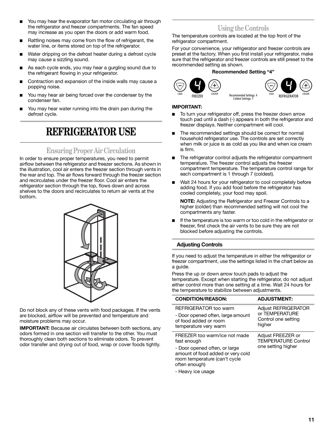 Whirlpool GB2SHDXPB00 manual Refrigerator USE, EnsuringProperAirCirculation, Using theControls, Adjusting Controls 