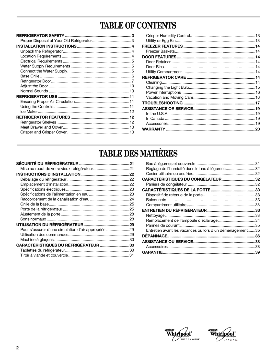 Whirlpool GB2SHDXPB00 manual Table of Contents, Table DES Matières 