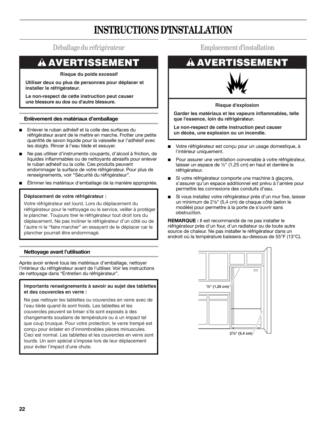 Whirlpool GB2SHDXPB00 manual Instructions D’INSTALLATION, Déballagedu réfrigérateur, Emplacementd’installation 