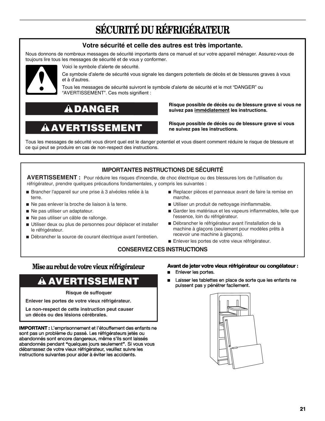 Whirlpool GB2SHDXPB00 manual Sécurité Du Réfrigérateur, Danger Avertissement, Importantes Instructions De Sécurité 
