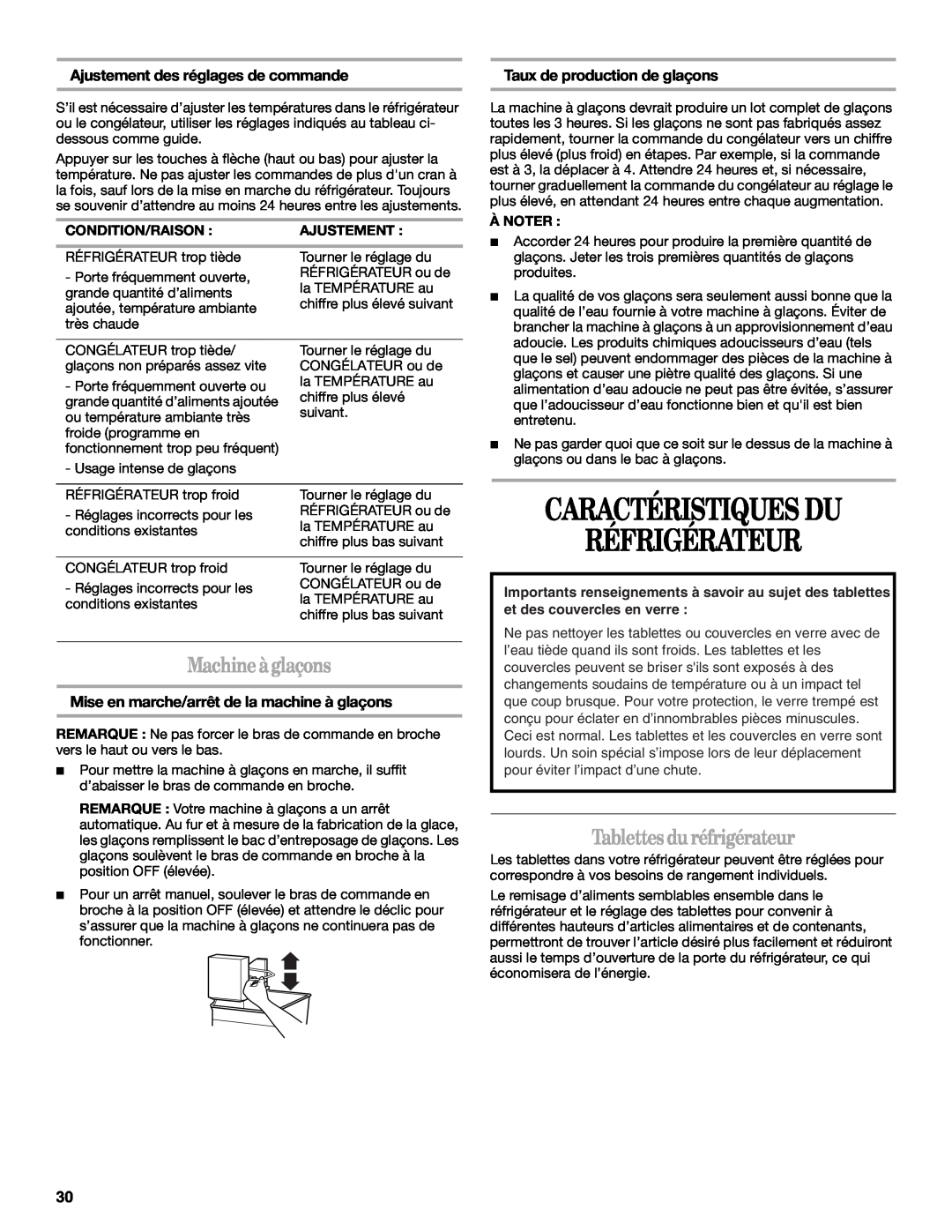 Whirlpool GB2SHDXPB00 manual Caractéristiques Du Réfrigérateur, Machineàglaçons, Tablettes duréfrigérateur 