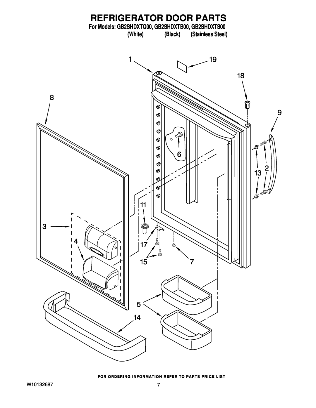 Whirlpool Refrigerator Door Parts, For Models GB2SHDXTQ00, GB2SHDXTB00, GB2SHDXTS00, White, Black, Stainless Steel 