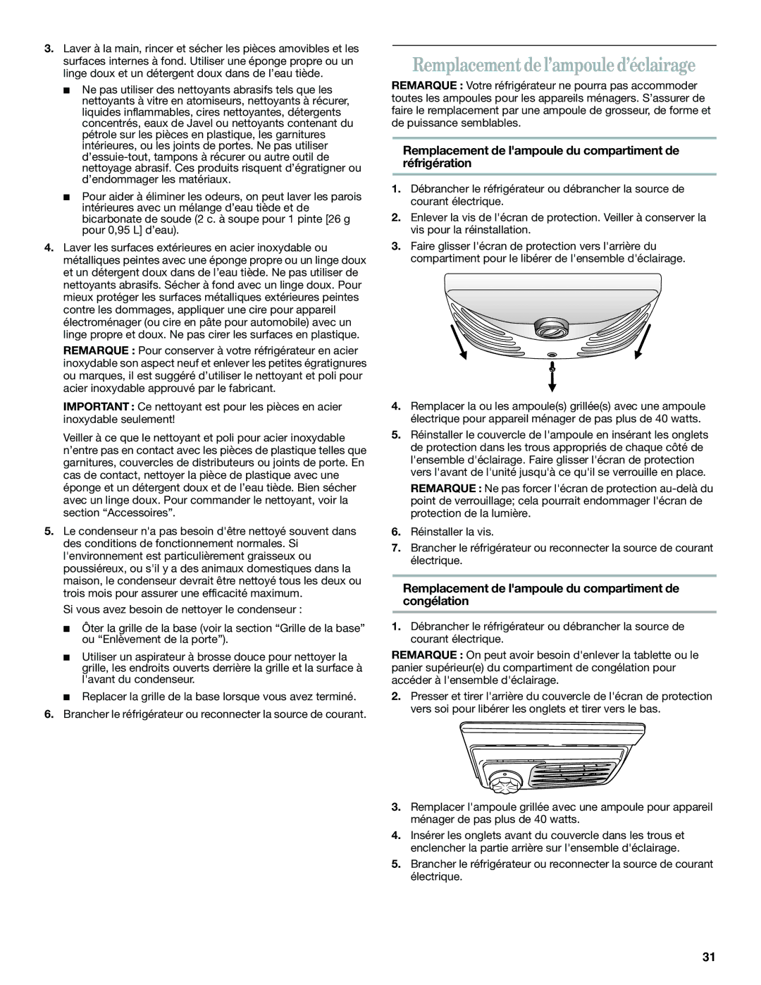 Whirlpool GB2SHKLLS00 Remplacement de l’ampoule d’éclairage, Remplacement de lampoule du compartiment de réfrigération 