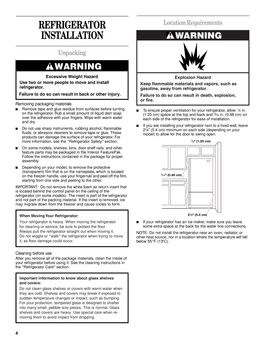 Whirlpool GB2SHKLLS00 manual Refrigerator Installation, Unpacking, Location Requirements, Cleaning before use 