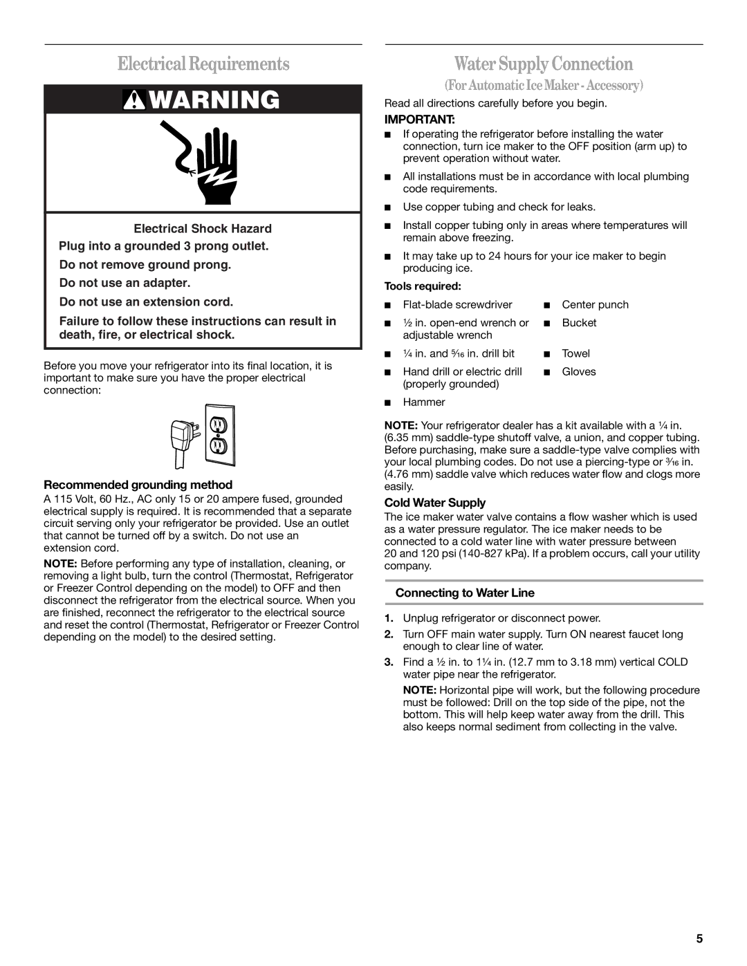 Whirlpool GB2SHKLLS00 manual Electrical Requirements, Water Supply Connection, For Automatic Ice Maker Accessory 