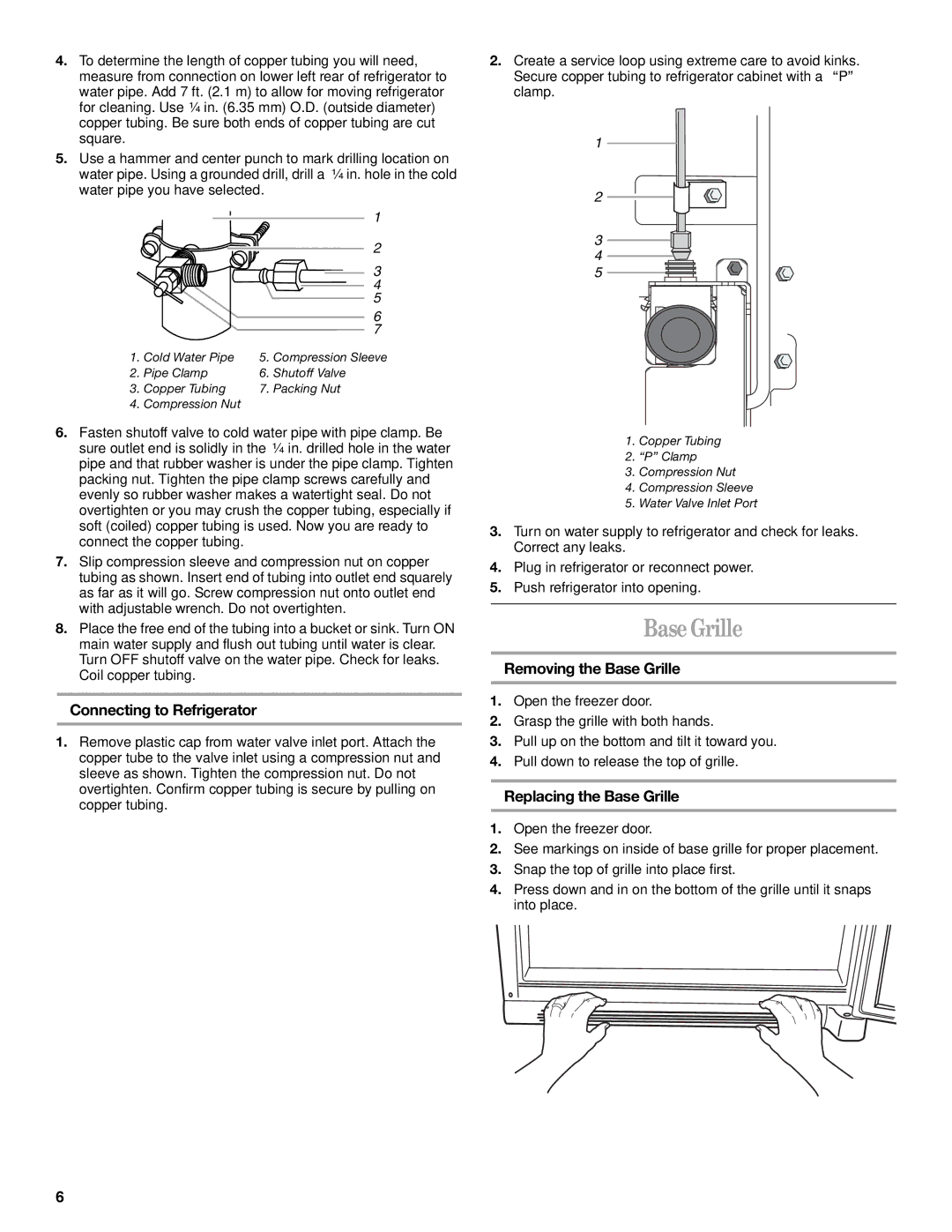 Whirlpool GB2SHKLLS00 manual Connecting to Refrigerator, Removing the Base Grille, Replacing the Base Grille 