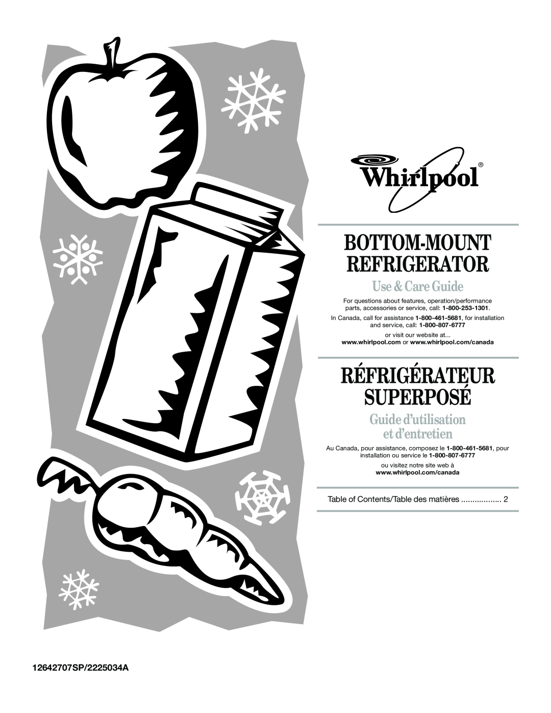 Whirlpool GB2SHKLLS00 manual Bottom-Mount Refrigerator, Réfrigérateur Superposé, Use & Care Guide, 12642707SP/2225034A 