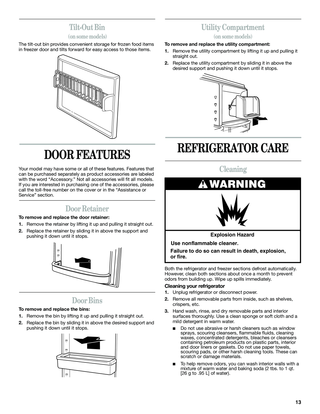 Whirlpool GB2SHKLLS00 manual Door Features, Refrigerator Care, Tilt-Out Bin, Utility Compartment, Door Retainer, Door Bins 