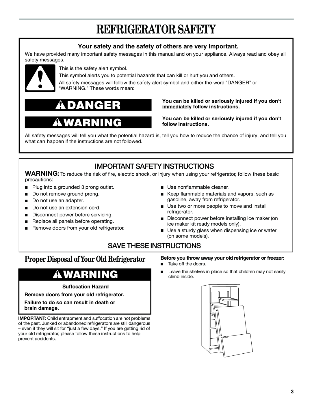 Whirlpool GB2SHKLLS00 manual Refrigerator Safety, Proper Disposal of Your Old Refrigerator, Important Safety Instructions 
