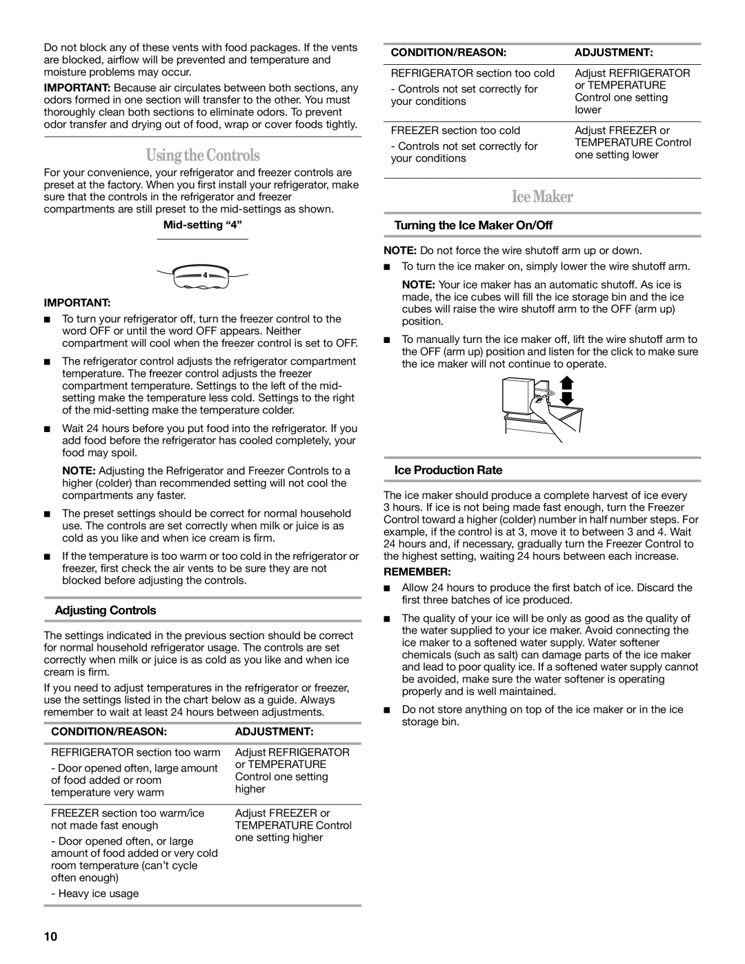 Whirlpool GB2SHKXMQ00 UsingtheControls, IceMaker, Adjusting Controls, Turning the Ice Maker On/Off, Ice Production Rate 