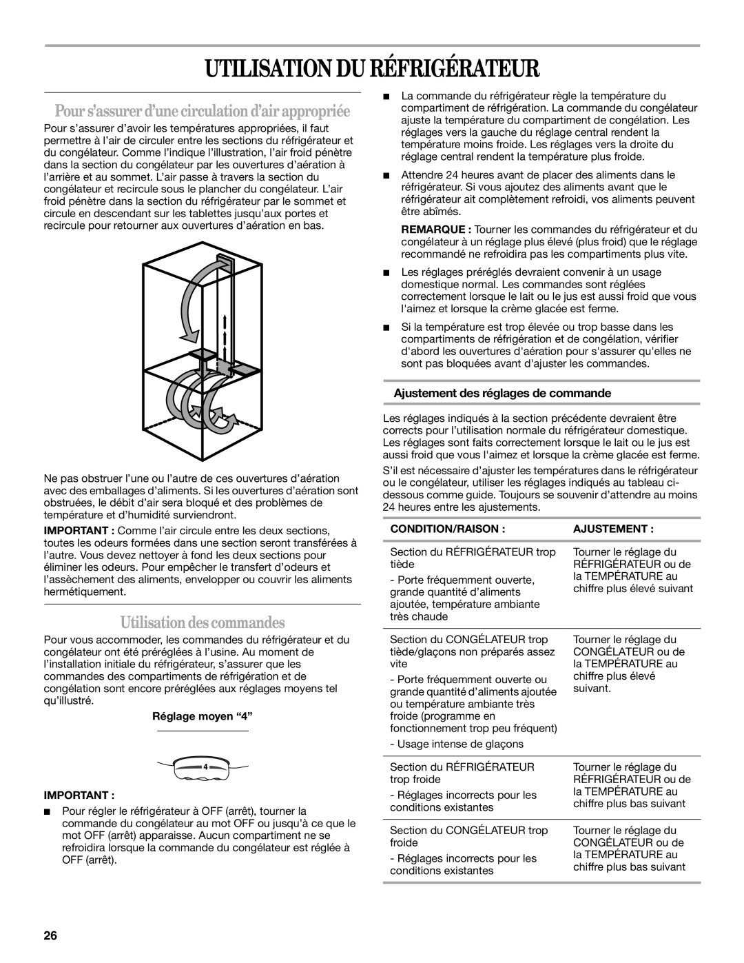 Whirlpool GB2SHKXMQ00 manual Utilisation DU Réfrigérateur, Utilisationdes commandes, Ajustement des réglages de commande 