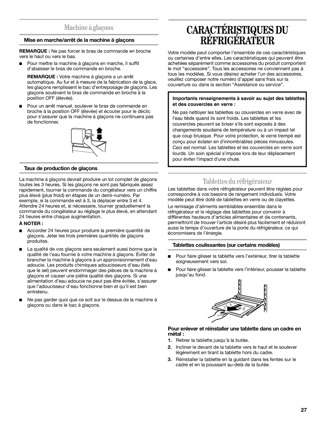 Whirlpool GB2SHKXMQ00 manual Caractéristiques DU Réfrigérateur, Machineàglaçons, Tablettes duréfrigérateur 