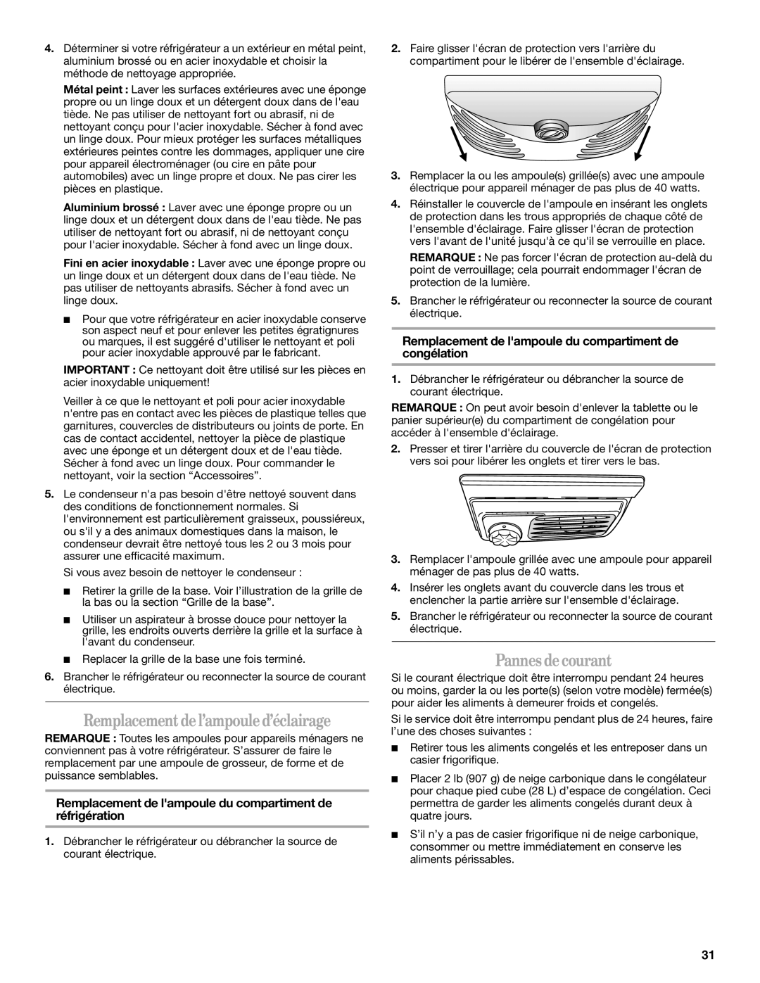 Whirlpool GB2SHKXMQ00 manual Remplacementdel’ampouled’éclairage, Pannes decourant 