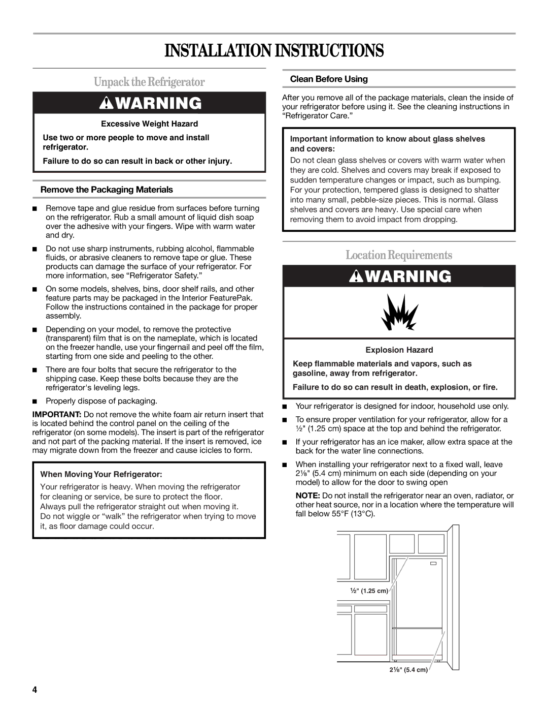 Whirlpool GB2SHKXMQ00 manual Installation Instructions, UnpacktheRefrigerator, LocationRequirements, Clean Before Using 