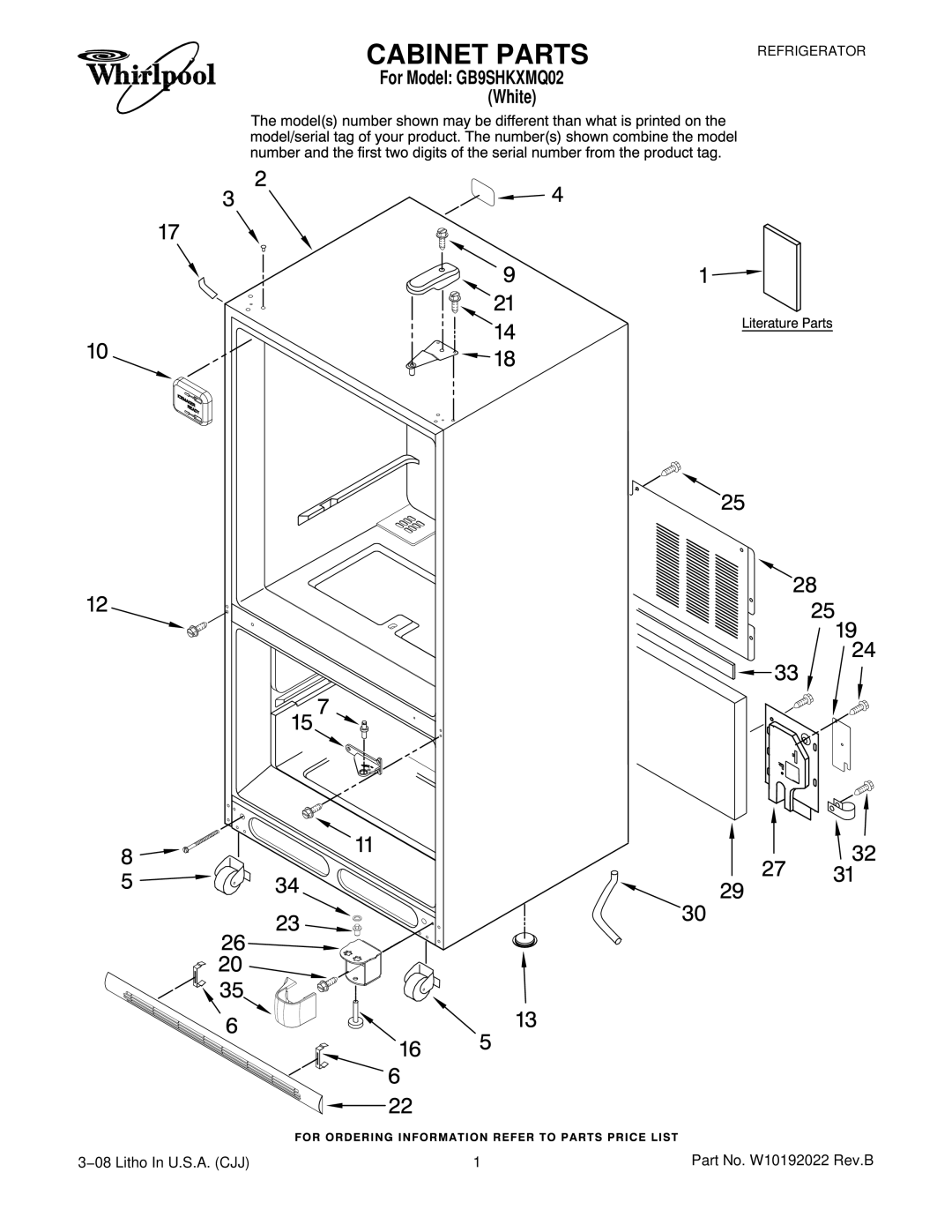 Whirlpool GB9SHKXMQ02 manual Cabinet Parts 