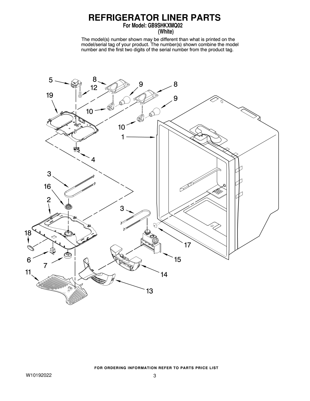 Whirlpool GB9SHKXMQ02 manual Refrigerator Liner Parts 