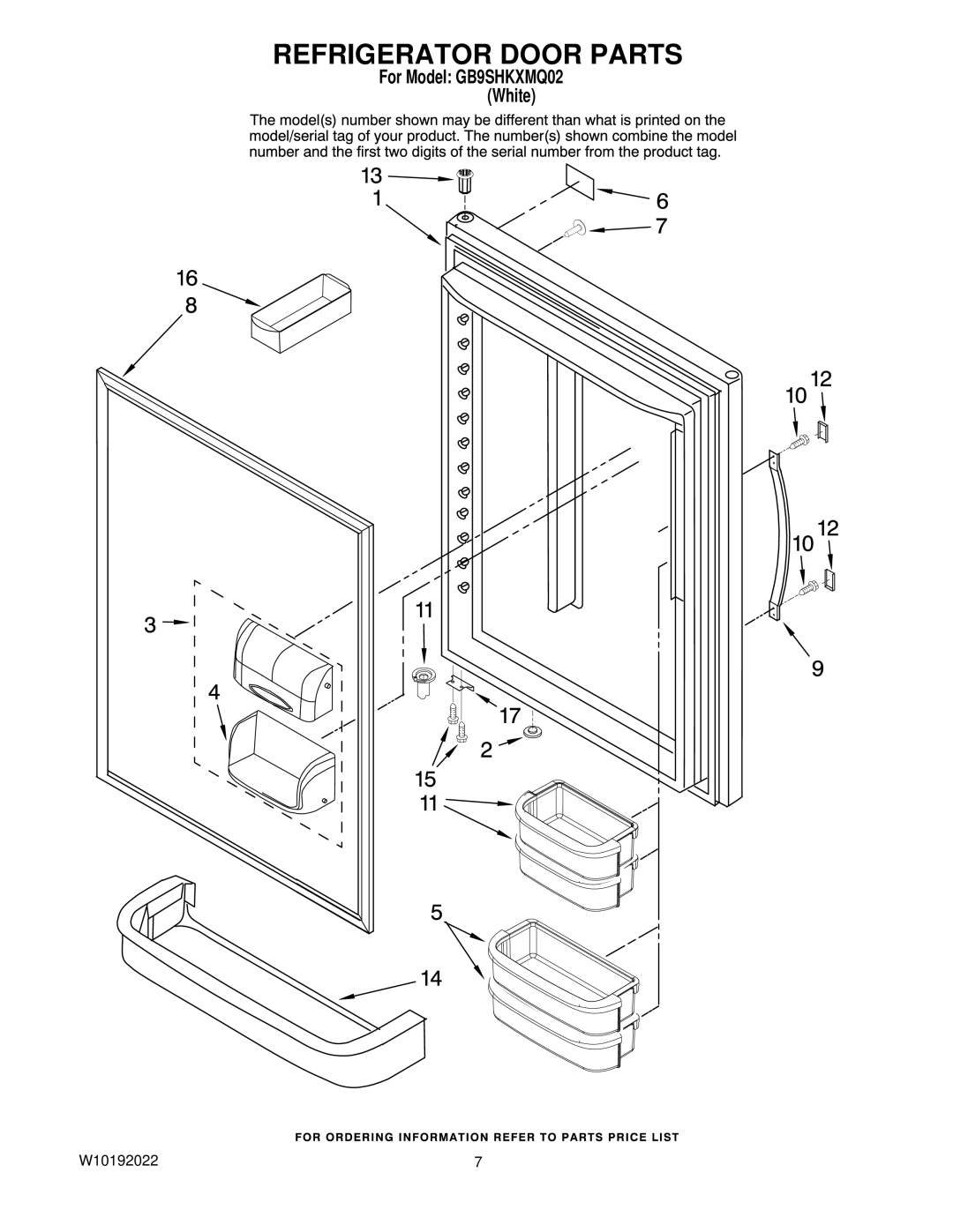 Whirlpool GB9SHKXMQ02 manual Refrigerator Door Parts 