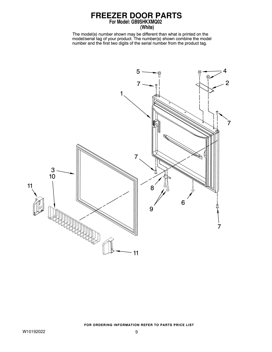 Whirlpool GB9SHKXMQ02 manual Freezer Door Parts 